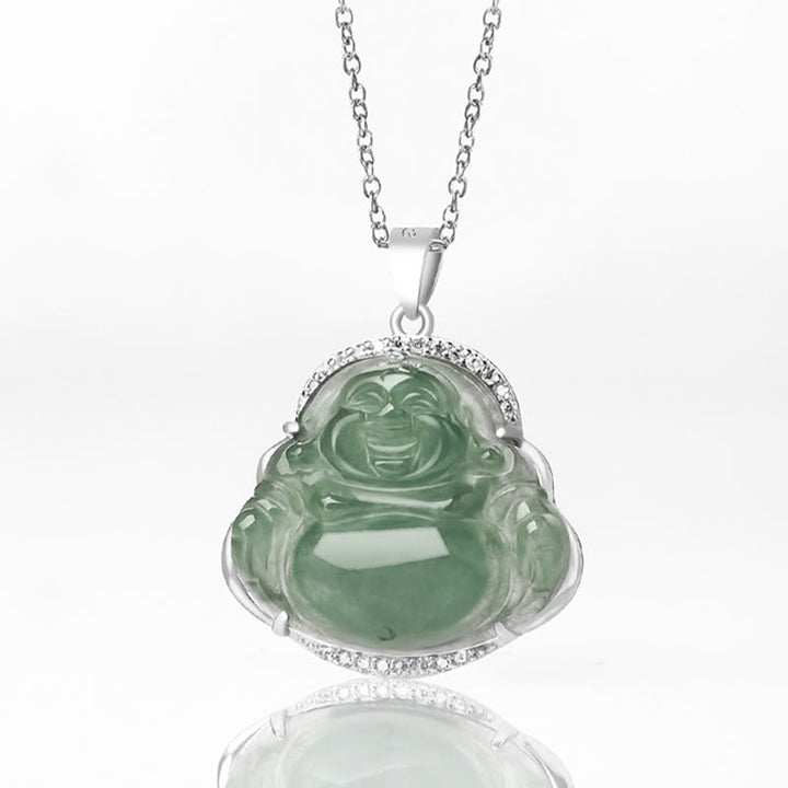 Collier de Buddha Stones en jade naturel, symbole de chance et de prospérité, avec pendentif en acier titane et pierre représentant un Bouddha rieur. - image 4