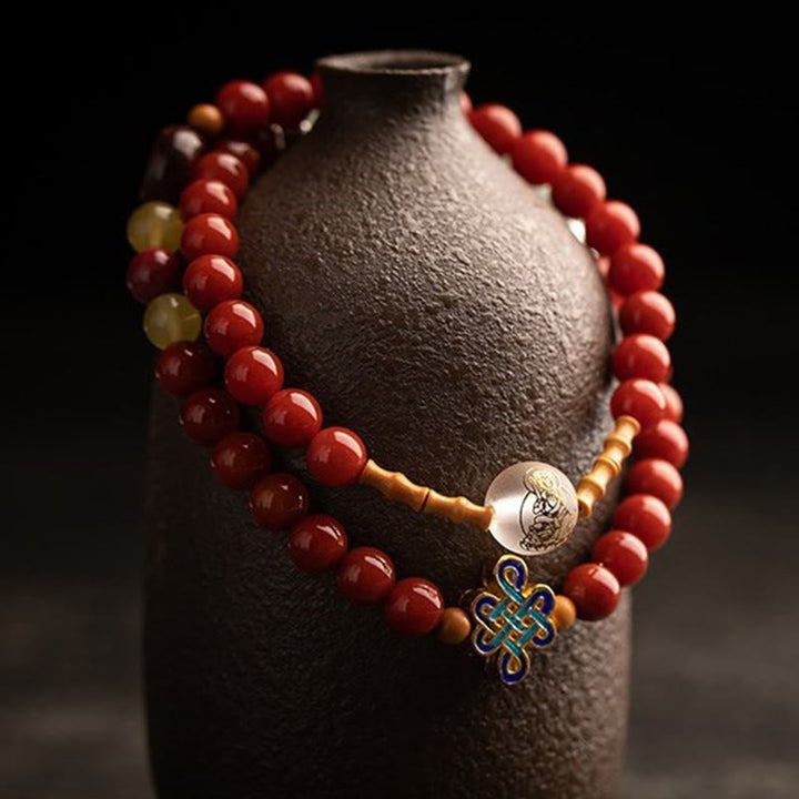 Buddha Stones Zodiaque chinois Bouddha natal Agate rouge Petite feuille Bois de santal rouge Cinabre Amulette Bénédiction Double Bracelet enroulé