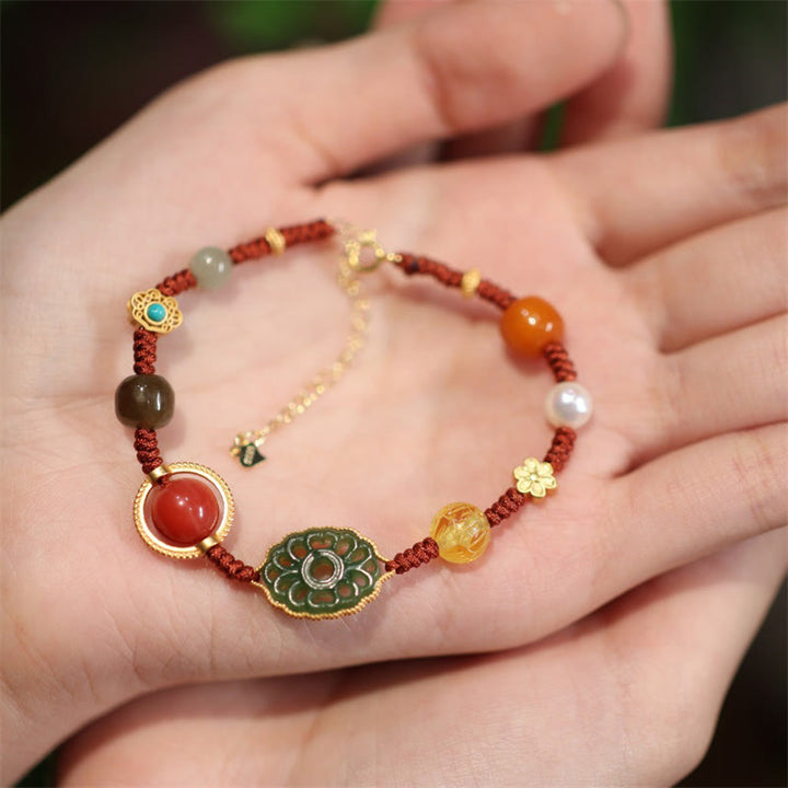 Bracelet porte-bonheur en argent sterling 925 avec cristaux d'agate rouge et d'ambre en jade Hetian naturel