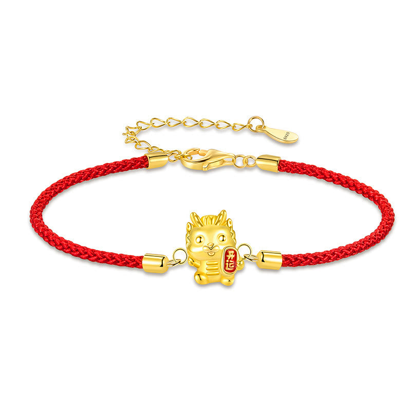 Bracelet chaîne corde rouge en argent sterling 925 Buddha Stones Année du Dragon Chanceux Force du Dragon Doré