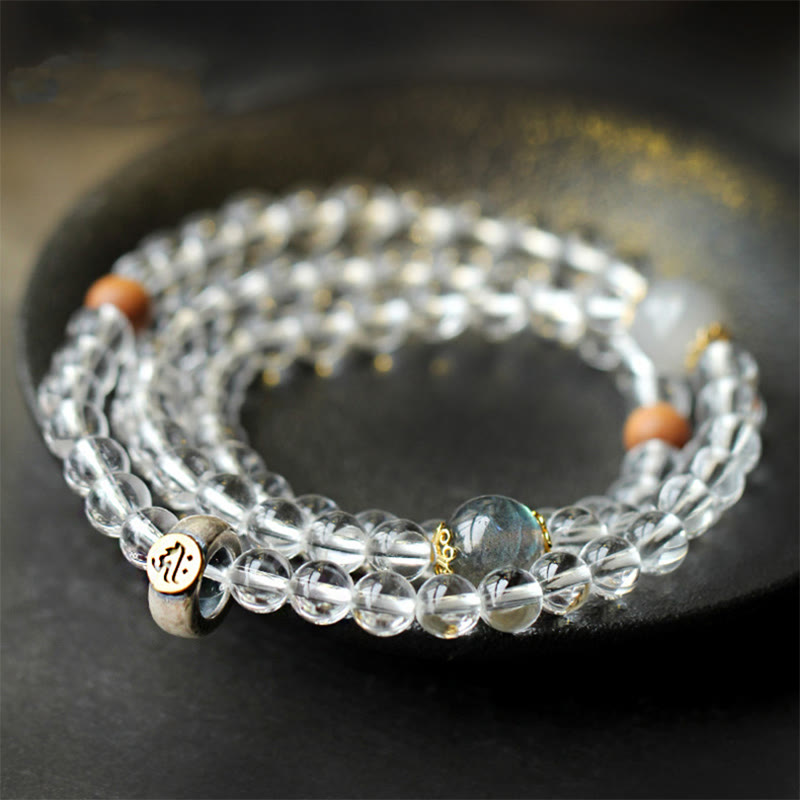 Bracelet triple tour de méditation en cristal blanc avec Bouddha du zodiaque chinois en argent sterling 925 et Buddha Stones