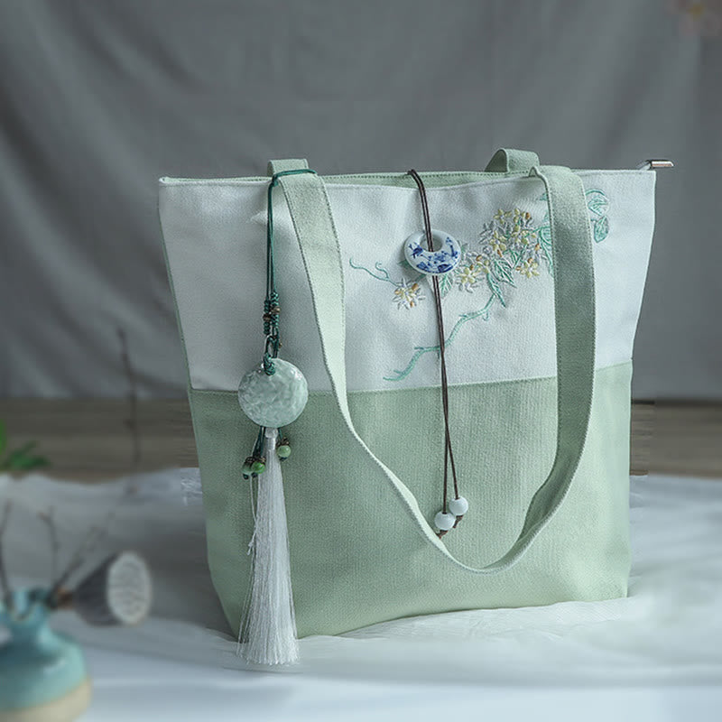 Sac à bandoulière en toile brodée de bambou avec fleur de poire, prunier, fleur de pêcher, grande capacité, sac fourre-tout