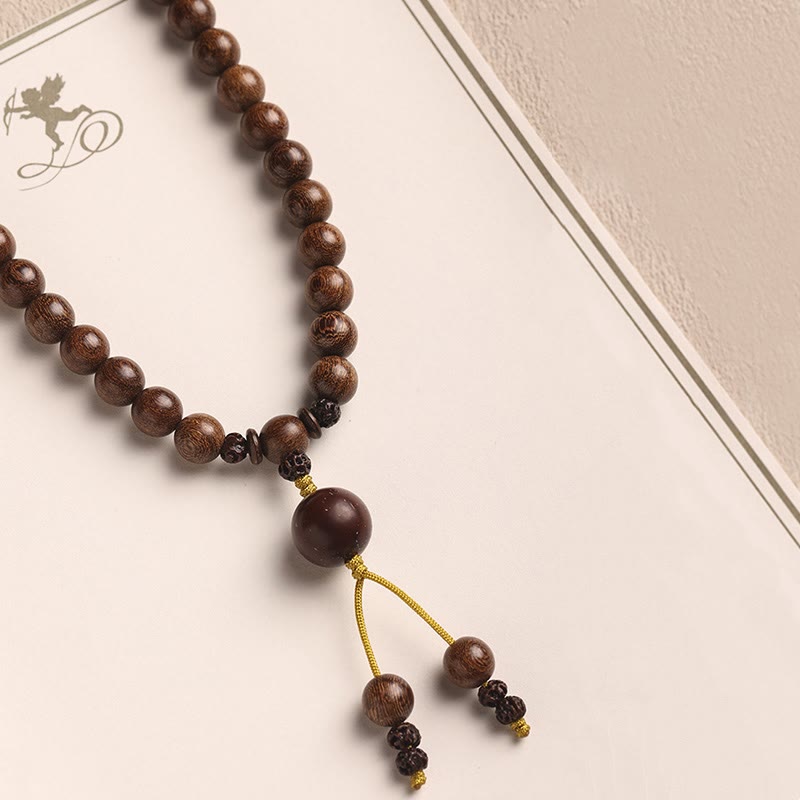 Bracelet double tour de purification en bois de santal et petites feuilles de bois de santal rouge et pierres de Buddha Stones