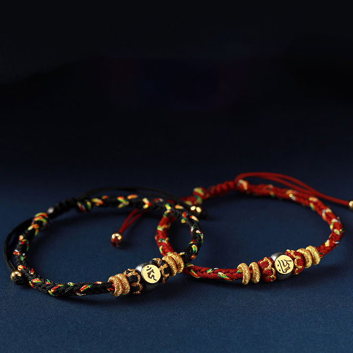 Bracelet en corde tressée en argent avec Buddha Stones et signe du zodiaque chinois