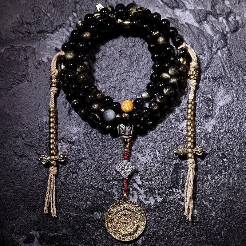 Bracelet de richesse en pierre d'oeil de tigre et d'aigle avec 108 Buddha Stones de Mala en obsidienne dorée brillante