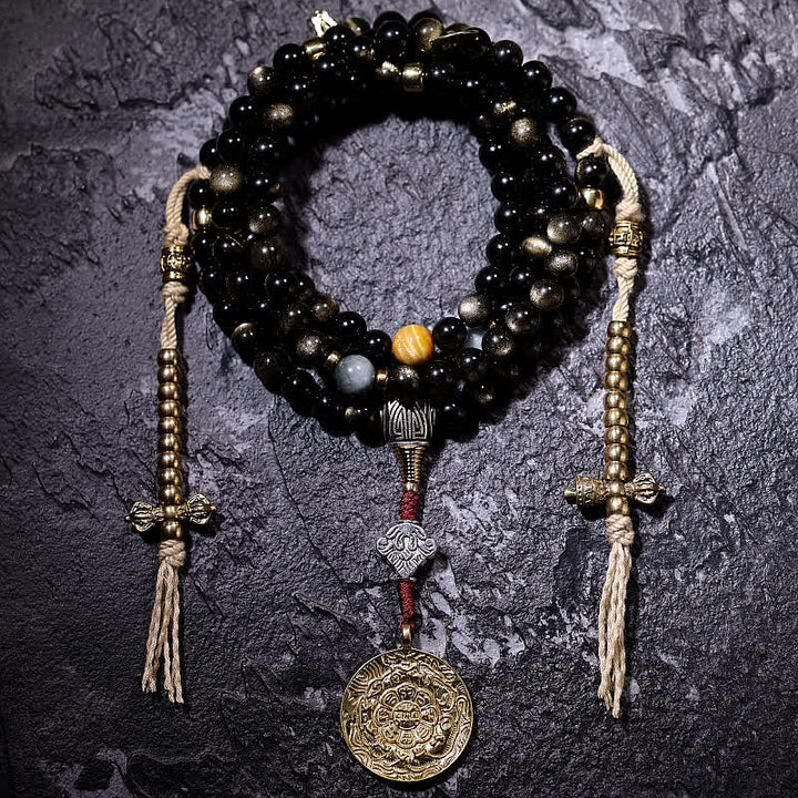 Bracelet de richesse en pierre d'oeil de tigre et d'aigle avec 108 Buddha Stones de Mala en obsidienne dorée brillante