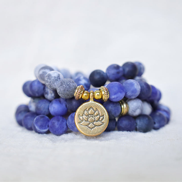 Bracelet Mala avec pendentif lotus en 108 perles de jaspe Picasso naturel et pierre bleue Buddha Stones