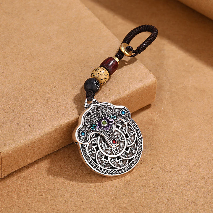 Porte-clés en cuivre Buddha Stones et fleur de pivoine