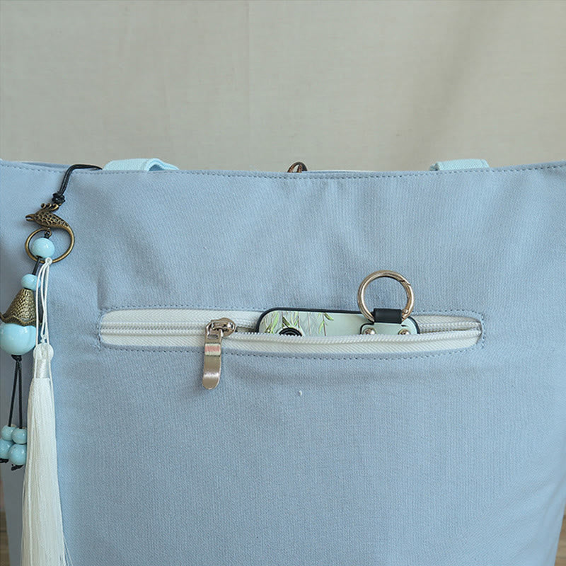 Sac à bandoulière en toile brodée de bambou avec fleur de poire, prunier, fleur de pêcher, grande capacité, sac fourre-tout