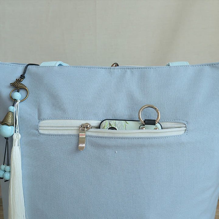 Sac à bandoulière en toile brodée de bambou avec fleur de poire, prunier, fleur de pêcher, grande capacité, sac fourre-tout