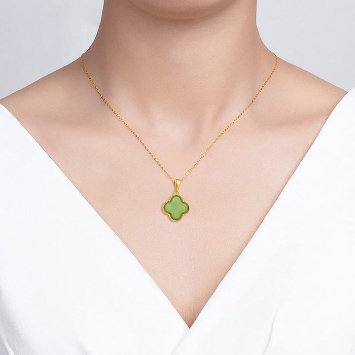 Collier pendentif trèfle à quatre feuilles en jade naturel Hetian en argent sterling 925 Buddha Stones