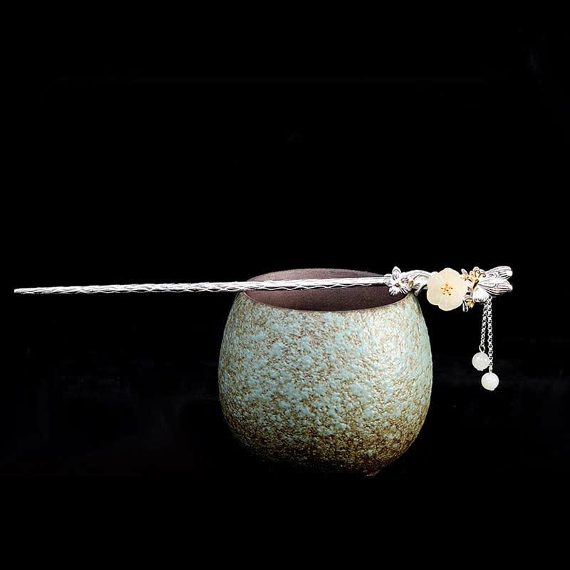 Épingle à cheveux en argent sterling 925 avec fleur de jade blanc Hetian