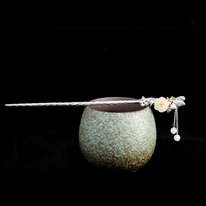 Épingle à cheveux en argent sterling 925 avec fleur de jade blanc Hetian
