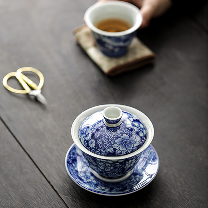 Tasse à thé et soucoupe en porcelaine bleue et blanche vintage en céramique Gaiwan Sancai Kung Fu avec couvercle