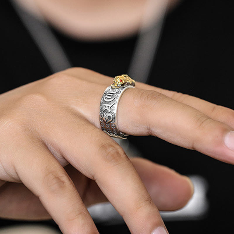 Bague de richesse tibétaine en argent sterling 990 Buddha Stones Om Mani Padme Hum PiXiu Dorje Vajra Heart Sutra gravé