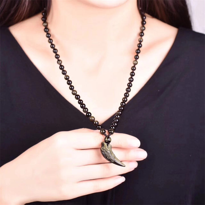 Buddha Stones Obsidienne noire naturelle Obsidienne de glace Obsidienne arc-en-ciel Motif dent de loup Collier force Pendentif