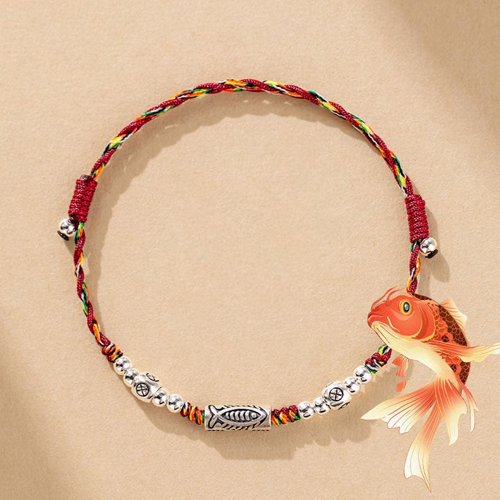Bracelet de cheville tressé en argent sterling 925 avec poisson Koi et pierres de Buddha Stones