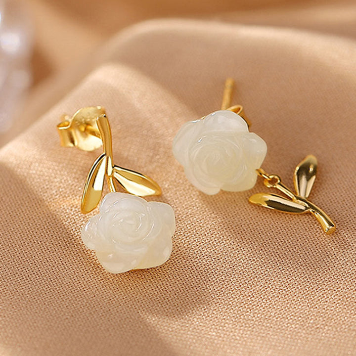 Buddha Stones d'oreilles porte-bonheur en argent sterling 925 plaqué or et jade rose avec perles de jade cyan