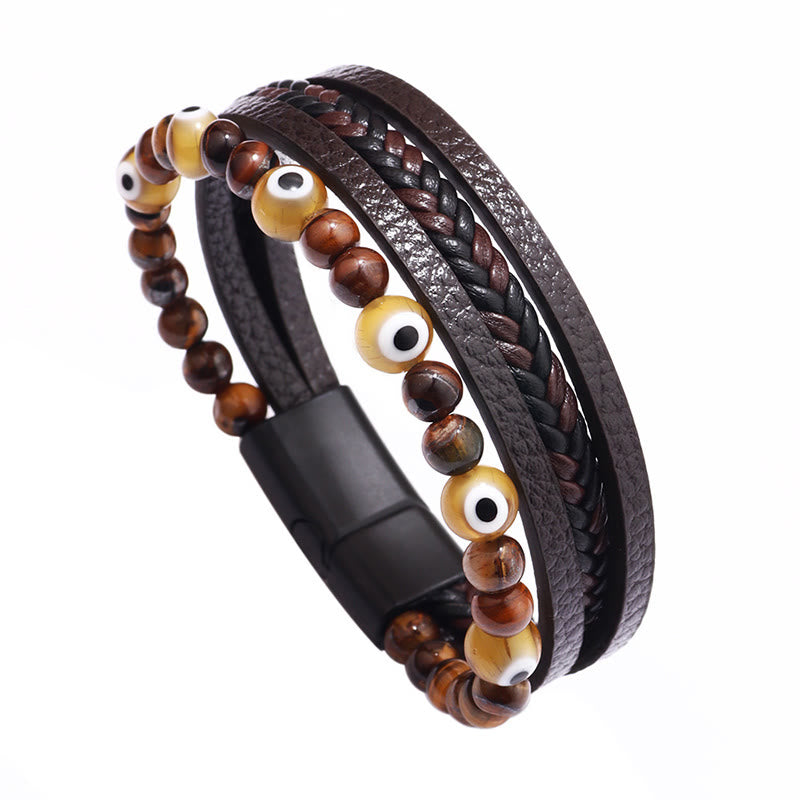 Bracelet tressé multicouches en perles de protection contre le mauvais œil et l'œil de tigre avec Buddha Stones