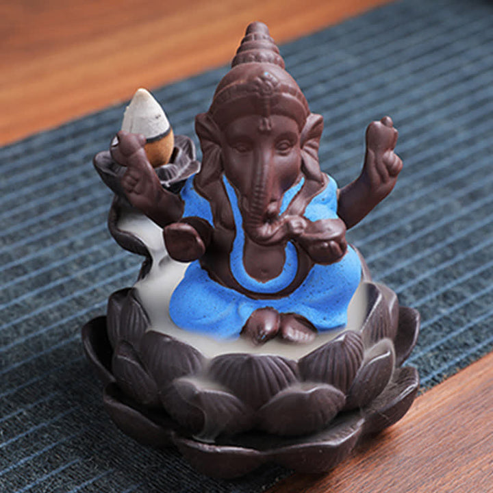 Brûleur d'encens à reflux en argile violette avec protection contre la fumée de l'éléphant Ganesh