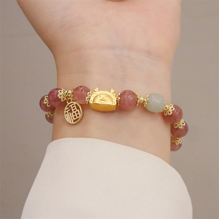 Buddha Stones Année du Dragon Agate Rouge Quartz Fraise Obsidienne Noire Jade Grenat Perle Cinabre Dumpling Dragon Luck Fu Bracelet Caractère