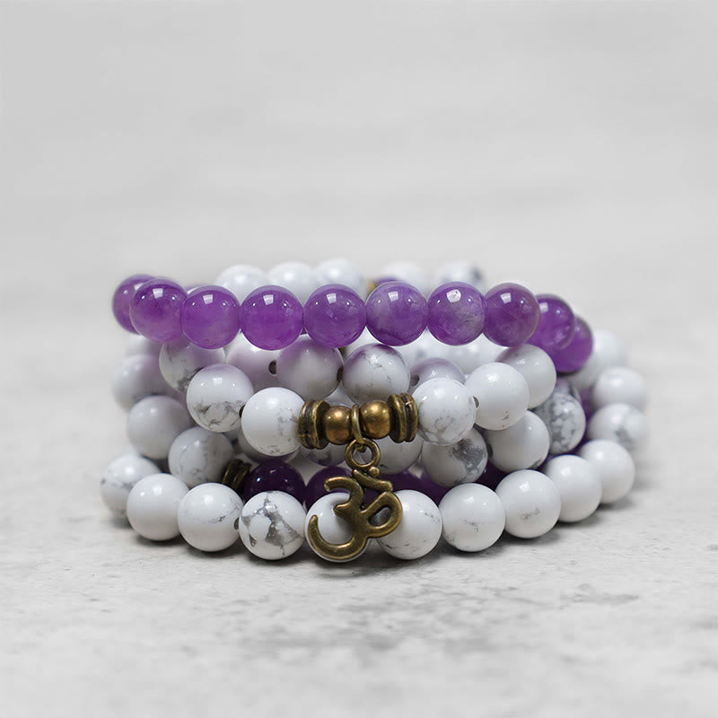 Bracelet Mala 108 Buddha Stones en améthyste blanche turquoise OM guérison énergie méditation