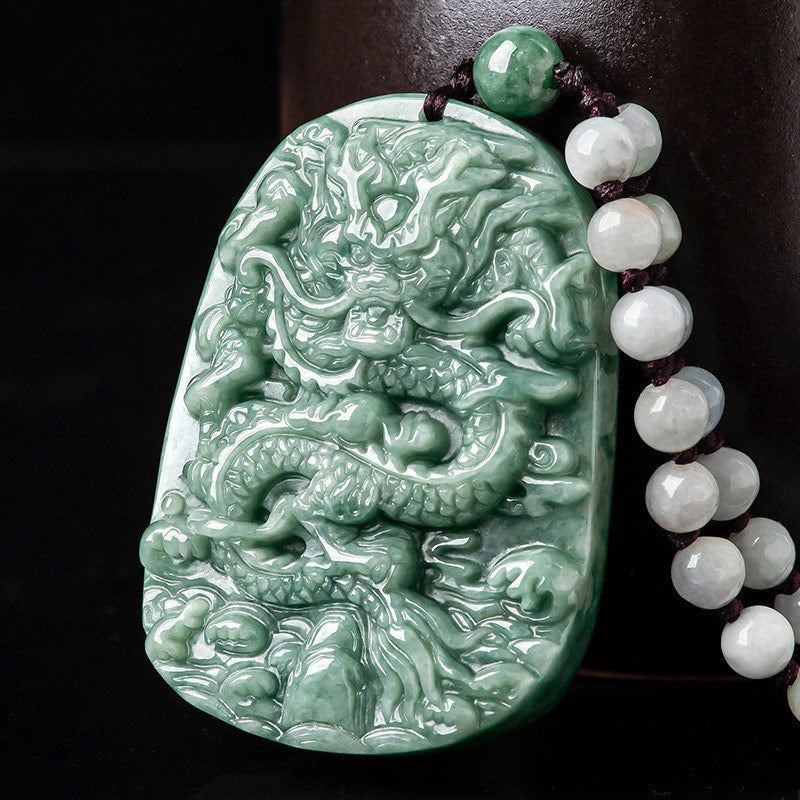 Collier de perles en jade avec pendentif en forme de dragon du zodiaque chinois et Buddha Stones - Jade - image 1