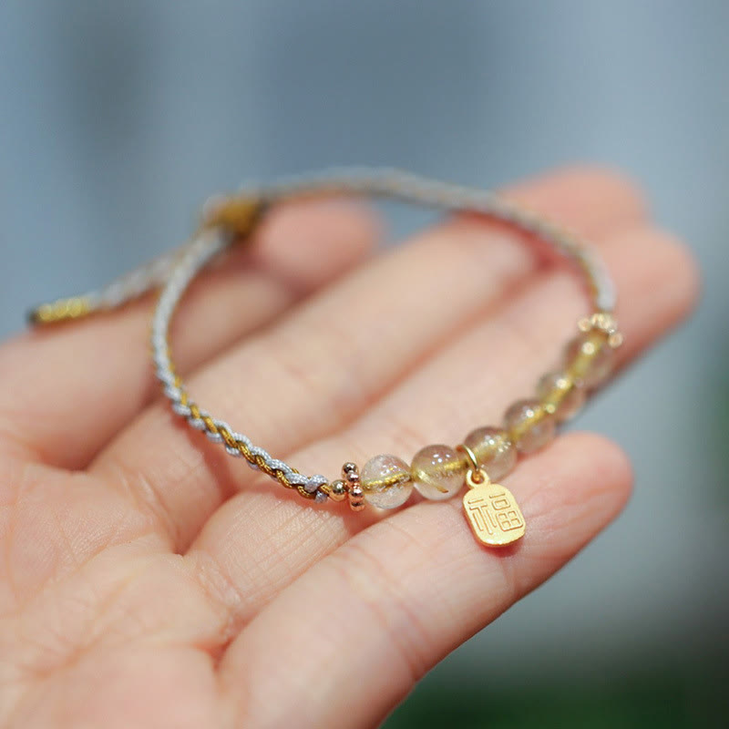 Bracelet tressé porte-bonheur en argent sterling 925 avec gourde de jade naturelle et quartz rutile Fu