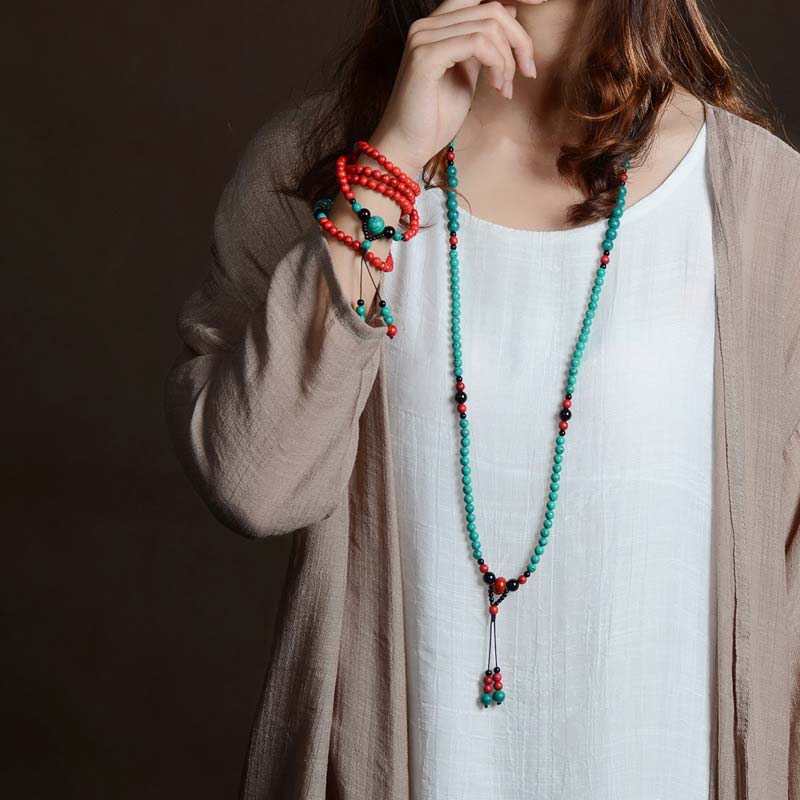 Bracelet de protection en perles de turquoise rouge et onyx noir Buddha Stones
