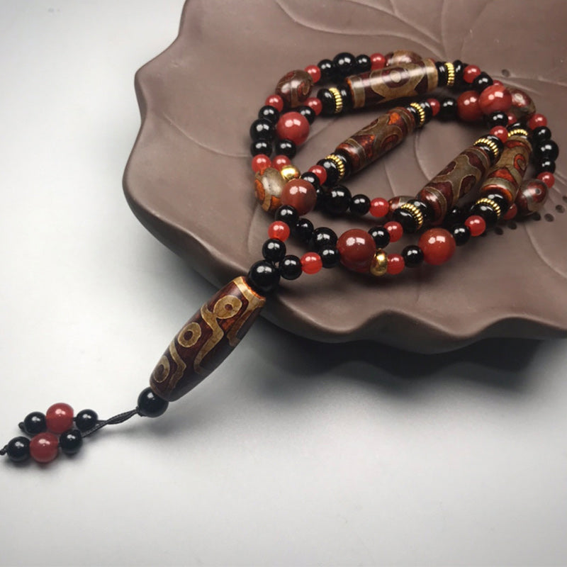 Collier Buddha Stones Dzi à neuf yeux en agate rouge pour la santé et la richesse
