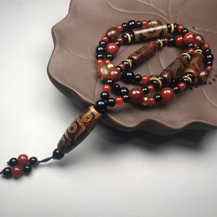 Collier Buddha Stones Dzi à neuf yeux en agate rouge pour la santé et la richesse