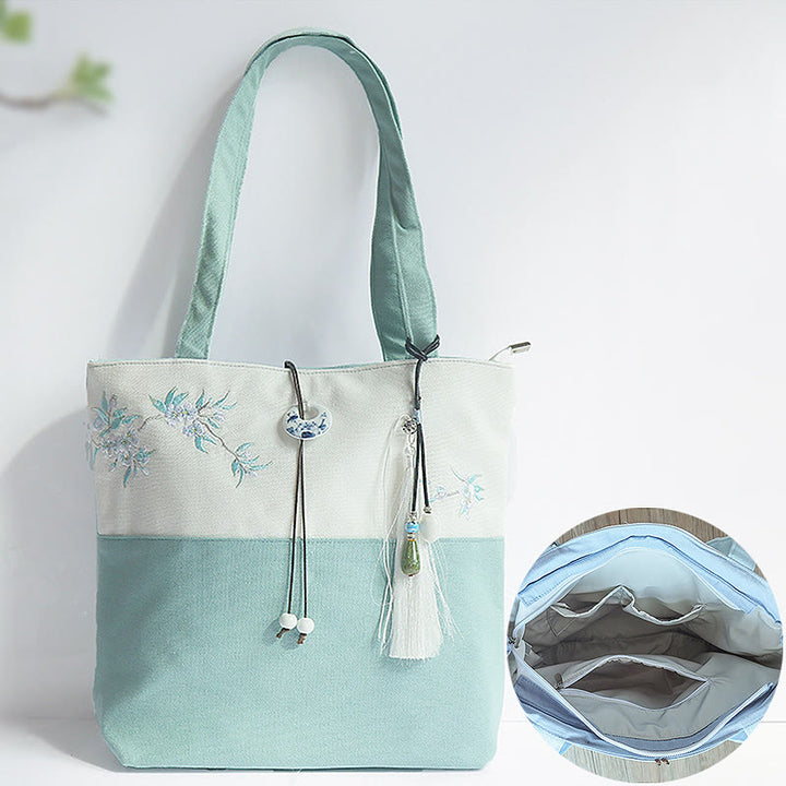 Sac à bandoulière en toile brodée de bambou avec fleur de poire, prunier, fleur de pêcher, grande capacité, sac fourre-tout