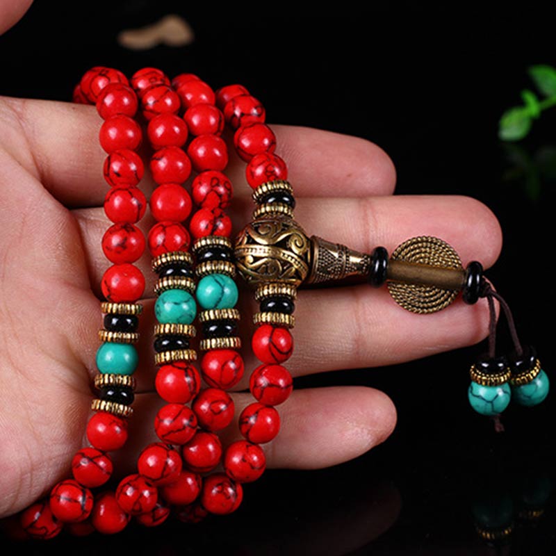 Collier et bracelet porte-bonheur Buddha Stones Mala rouge turquoise