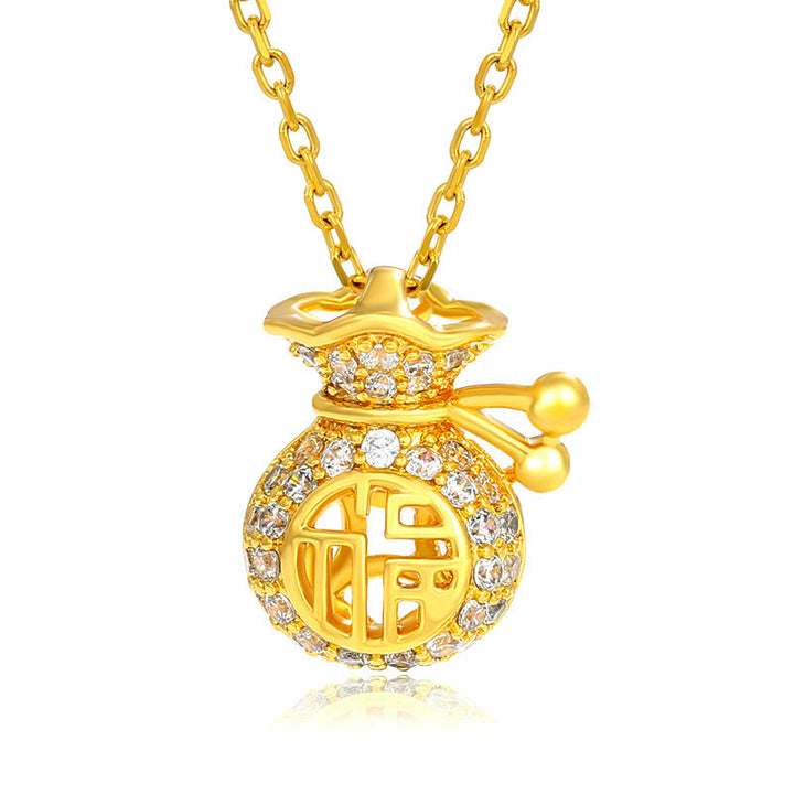 Collier avec pendentif en forme de sac d'argent en plaqué or 24 carats avec personnage Fu