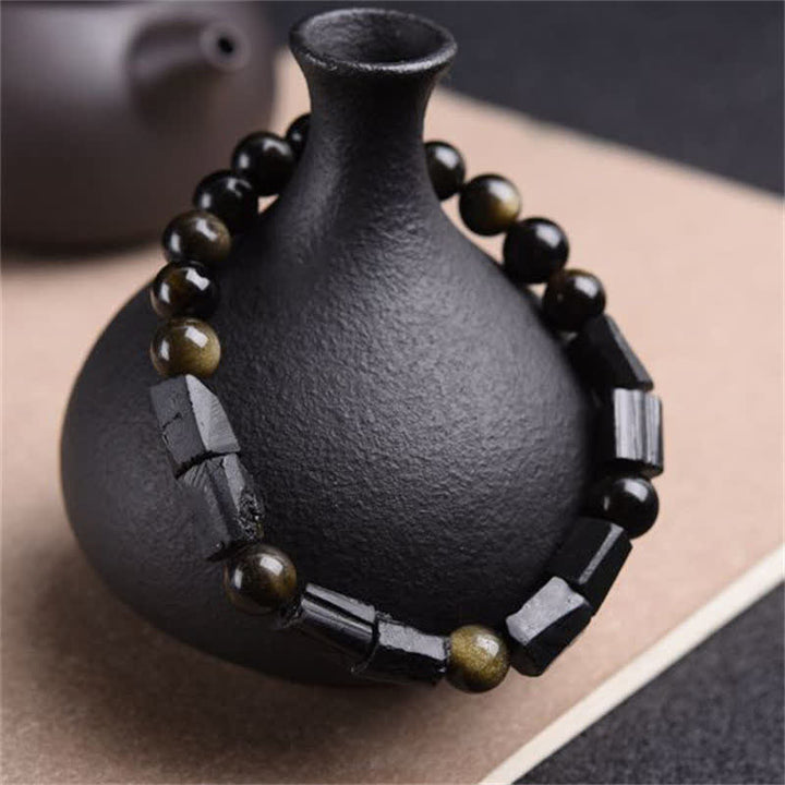 Bracelet de richesse en obsidienne et tourmaline noire avec Buddha Stones