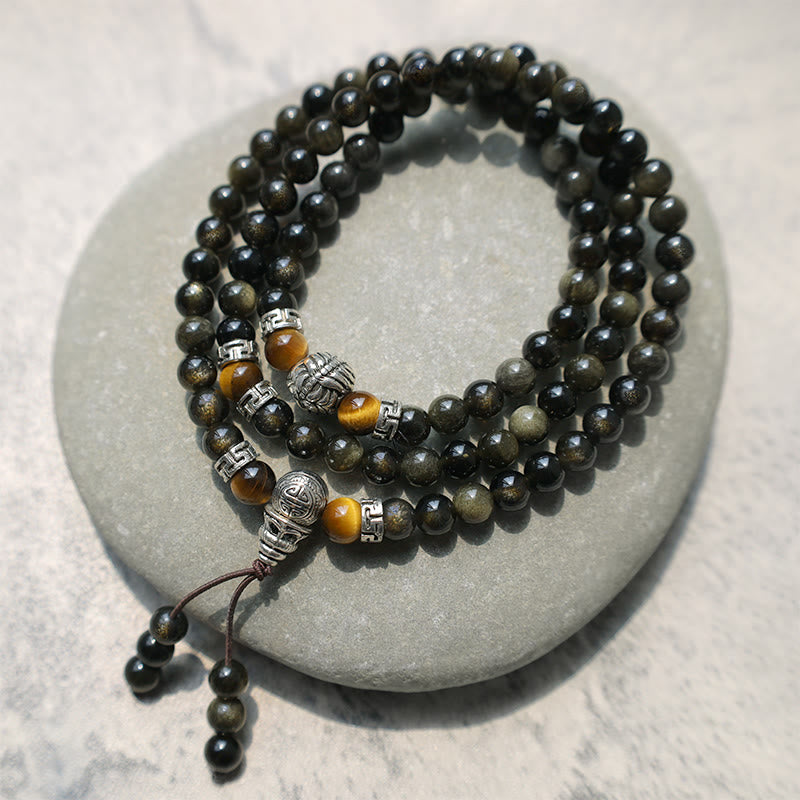 Collier Bracelet Énergie Obsidienne Dorée