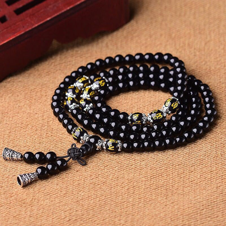 Bracelet Mala de protection en obsidienne noire avec six mots vrais de Buddha Stones