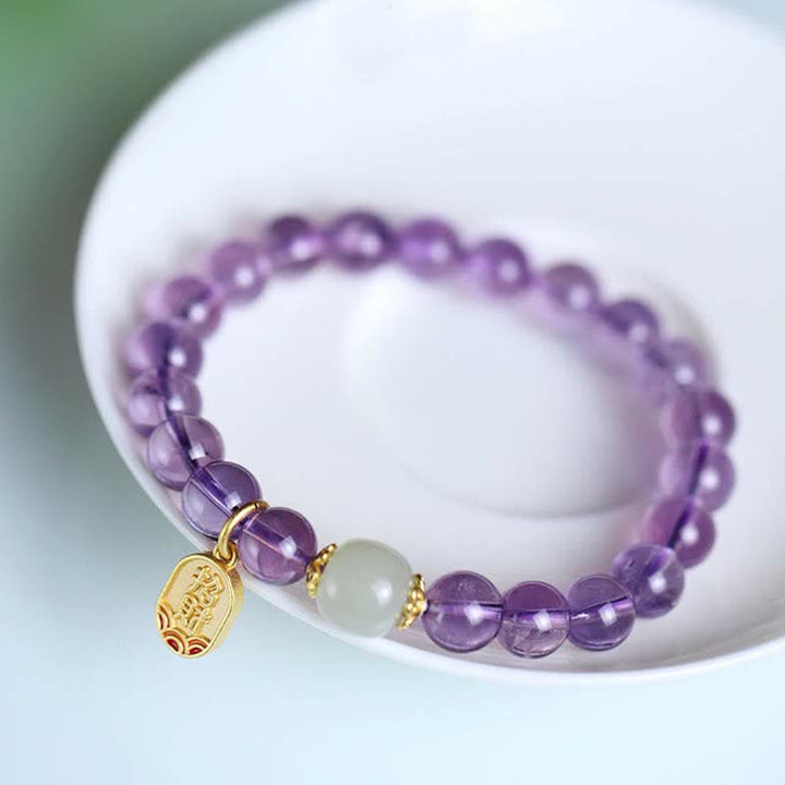 Bracelet de guérison en jade Hetian Buddha Stones et cristal d'améthyste naturel