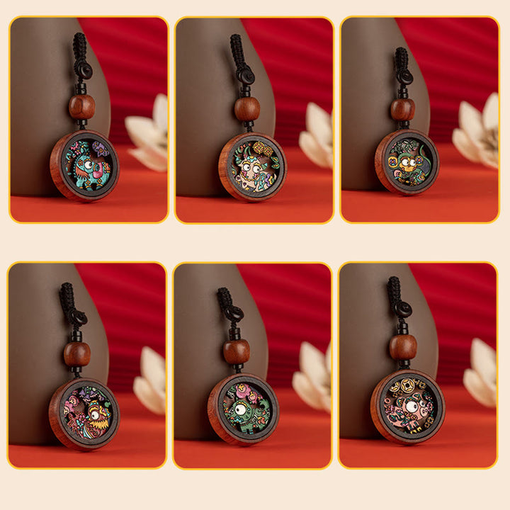 Porte-clés sculpté à la main en bois de rose avec Buddha Stones Année du Dragon Zodiaque chinois peint à la main