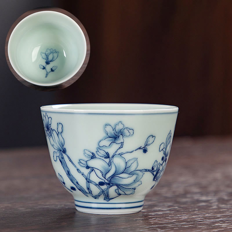 Buddha Stones Paysage bleu Montagnes Lotus Chat mignon Pavillons Magnolia Roseaux Aigrettes Tasse à thé en céramique Petite tasse à thé Kung Fu