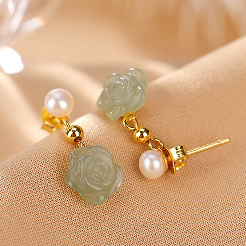 Buddha Stones d'oreilles porte-bonheur en argent sterling 925 plaqué or et jade rose avec perles de jade cyan