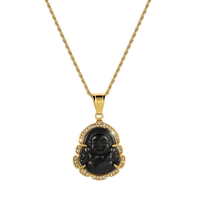 Collier avec pendentif porte-bonheur en jade Bouddha rieur rempli d'or 18 carats de Buddha Stones - Noir - image 10