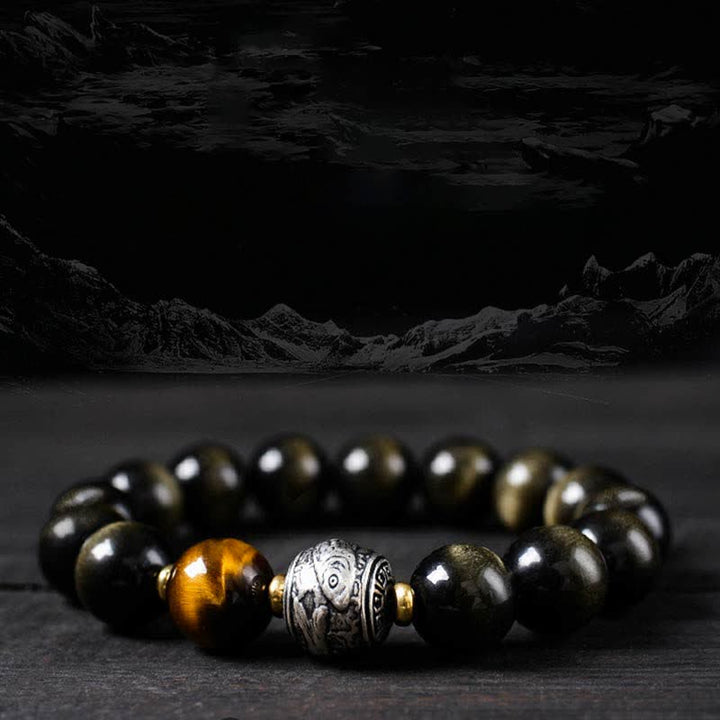 Buddha Stones pour vivre un renversement de fortune Bracelet de protection en obsidienne arc-en-ciel et or brillant