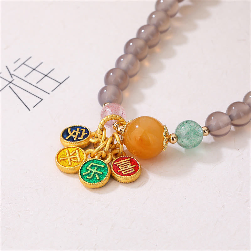 Bracelet double tour en agate grise naturelle avec breloque paix et joie et Buddha Stones