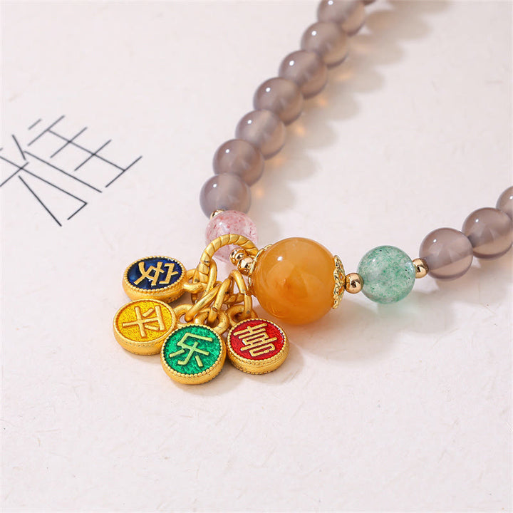 Bracelet double tour en agate grise naturelle avec breloque paix et joie et Buddha Stones