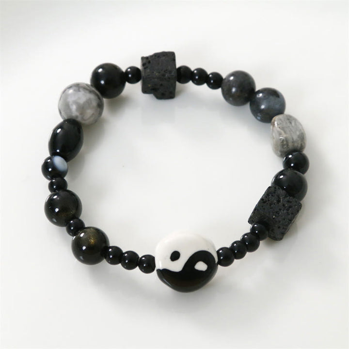 Bracelet de protection de la fortune Yin Yang en perles de jaspe Picasso et onyx noir Buddha Stones