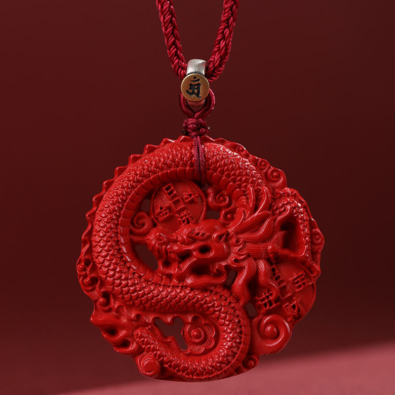 Collier pendentif porte-bonheur en argent sterling 925 avec pièce de cuivre cinabre naturel de l'année du dragon Buddha Stones