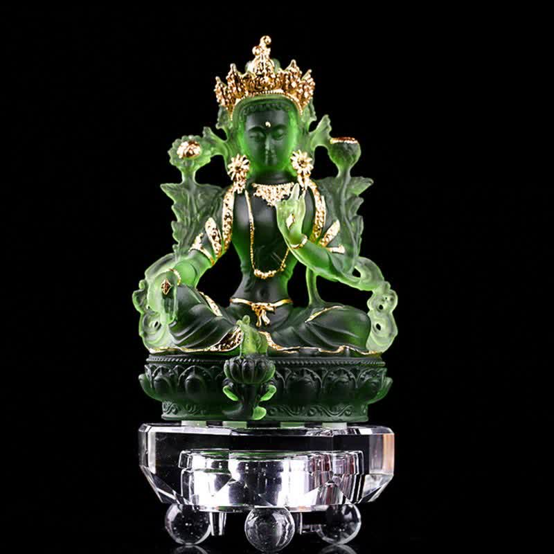Buddha Stones Bodhisattva Tara verte Pièce d'art en cristal Liuli faite à la main Protection Maison Bureau Statue Décoration - 8*6*12,8 cm - Tara et base or vert - image 13