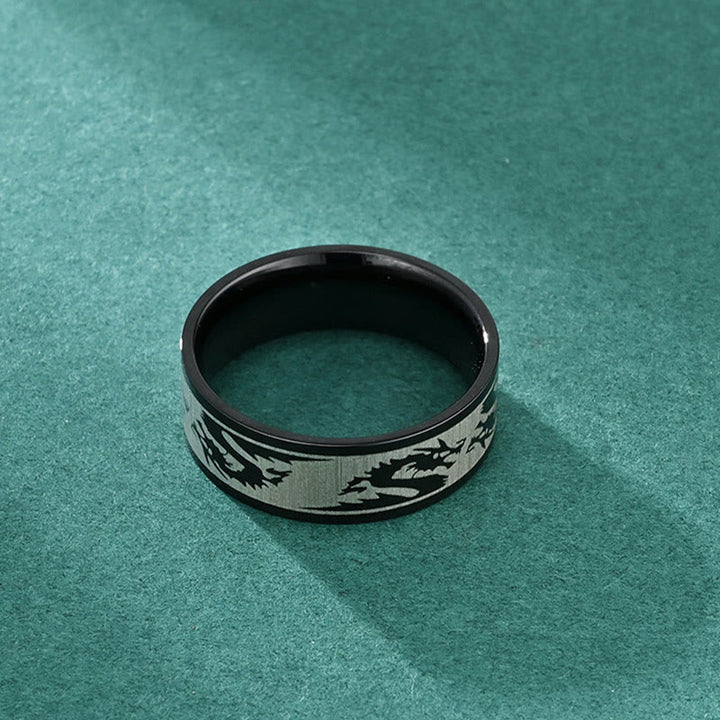 Buddha Stones Dragon Sculpté Protection Force Bague acier titane