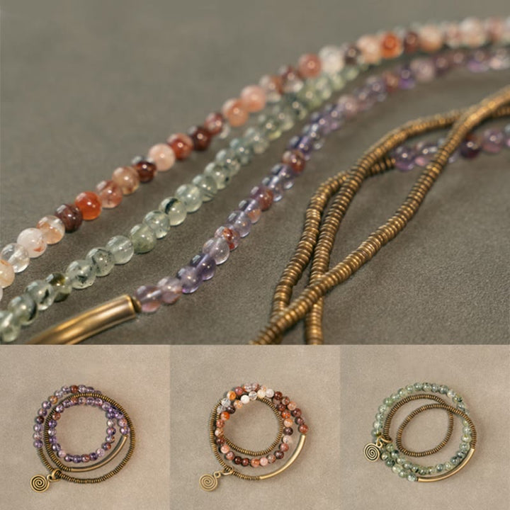 Bracelet en cuivre Love Forgive Buddha Stones quartz hématoïde rouge fantôme violet et quartz rutile vert